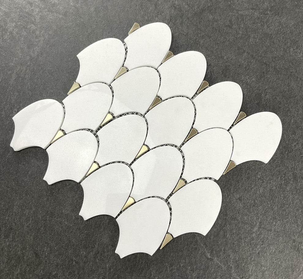 10-Pieces of Fan Shape Thassos White With Gold Metal Mosaic Tile