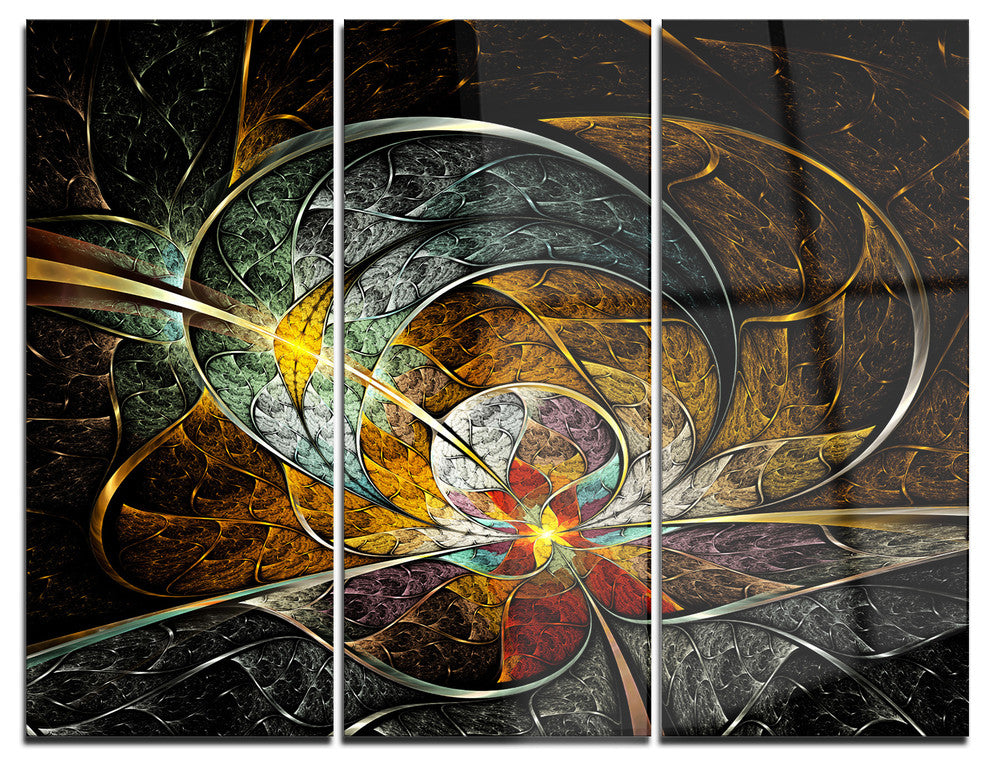 "Symmetrical Yellow Digital Art Flower" Metal Wall Art, 3 Panels, 36"x28"