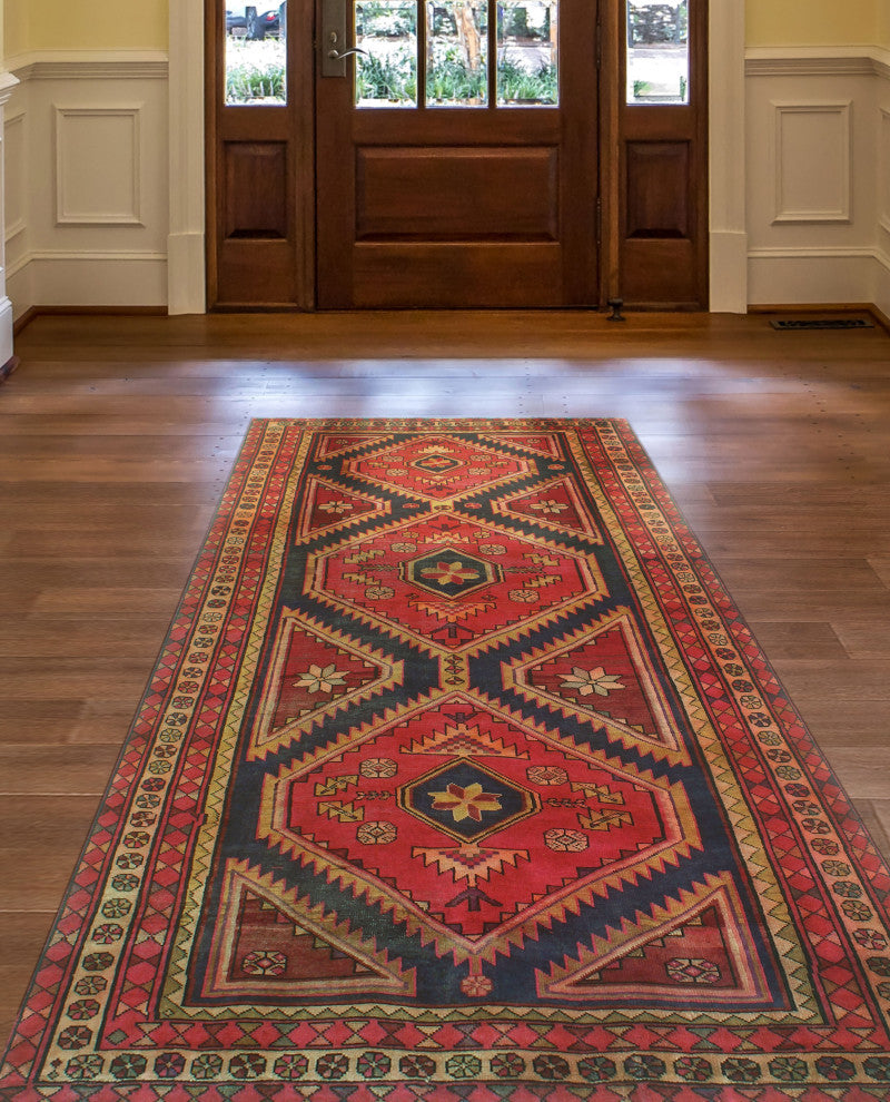 Fine Vintage Distressed Bruno Red/Gold Runner, 4'8x9'9