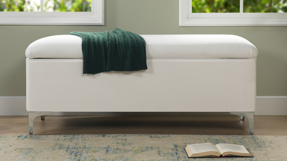 Madelyn Modern Storage Bench With Stainless Steel Legs, Bright White