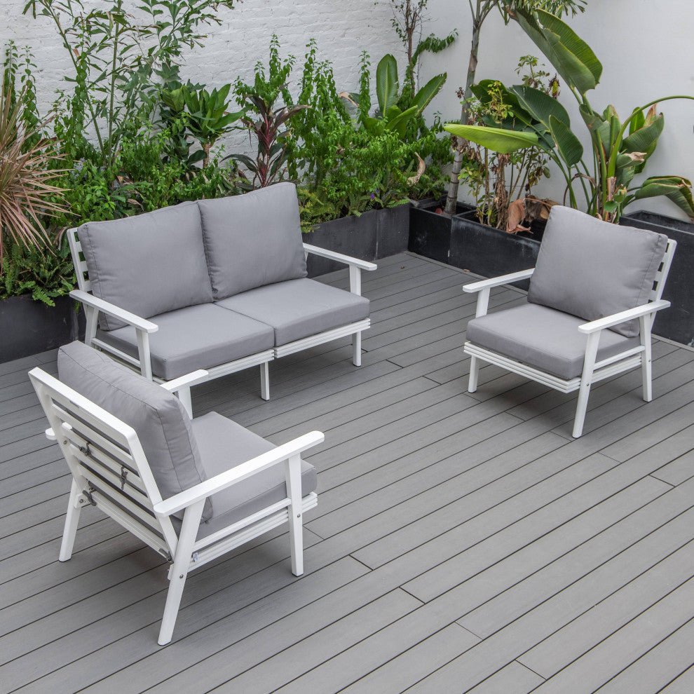 LeisureMod Walbrooke 3-Piece Patio Set With White Aluminum Frame and Cushions, Grey
