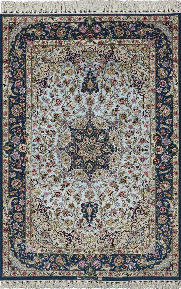 Super Fine Signed Authentic Persian Isfahan Hand Knotted Silk Area Rug, 5'x8'