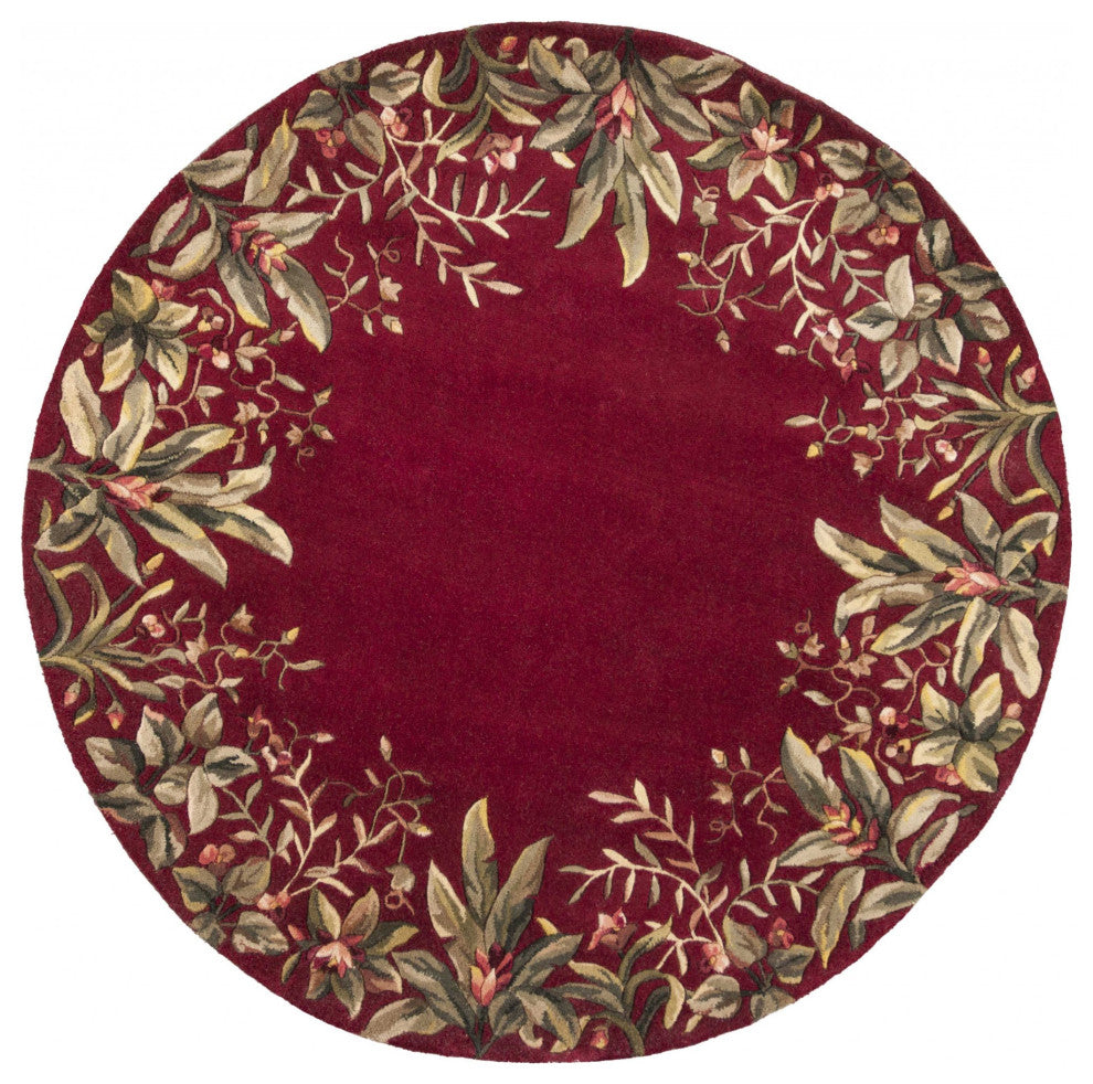 HomeRoots 8' Ruby Red Hand Tufted Bordered Tropical Plants Round Indoor Area Rug