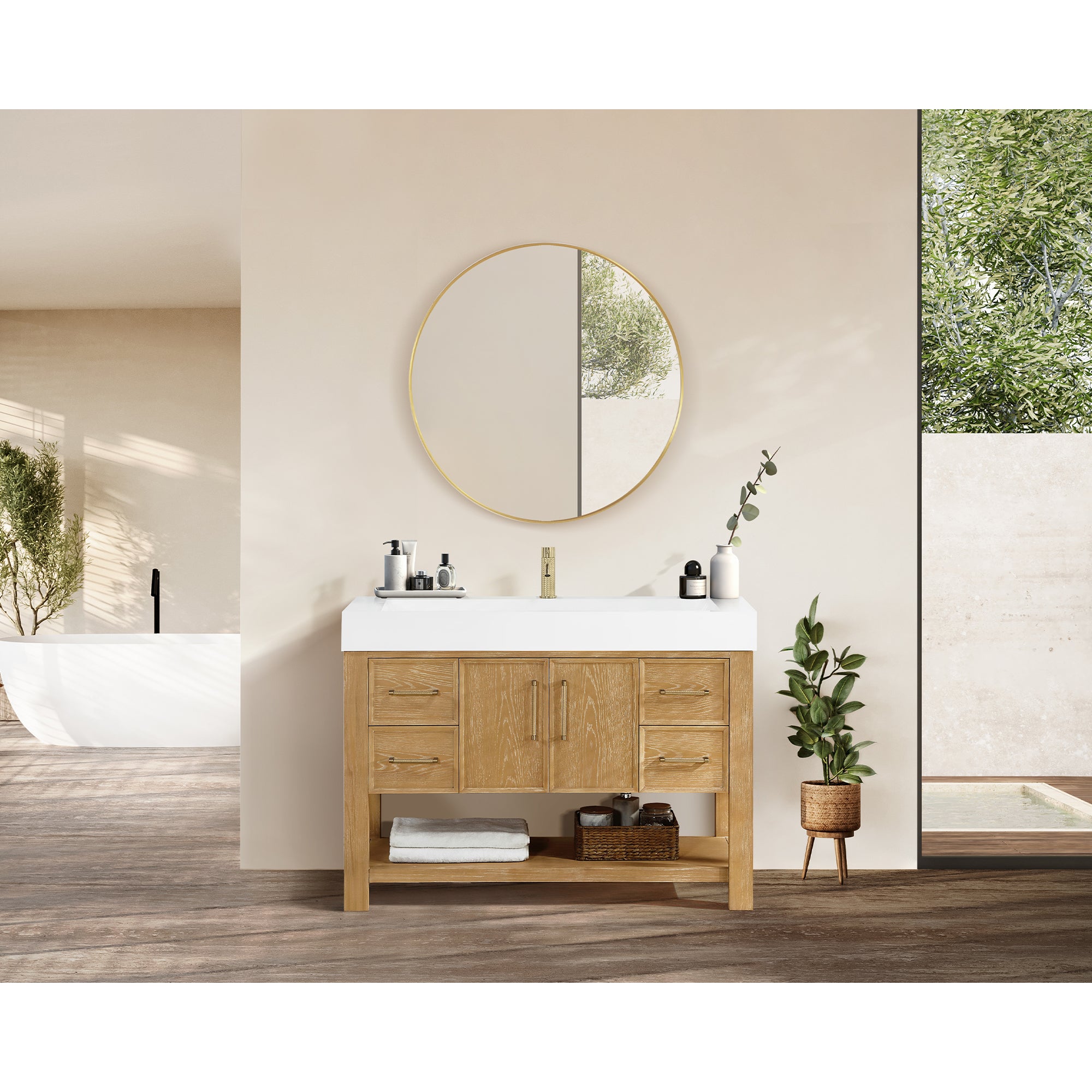 Vera Bath Vanity with Stone Top, Washed Ash Grey, 48", Single Vanity, No Mirror