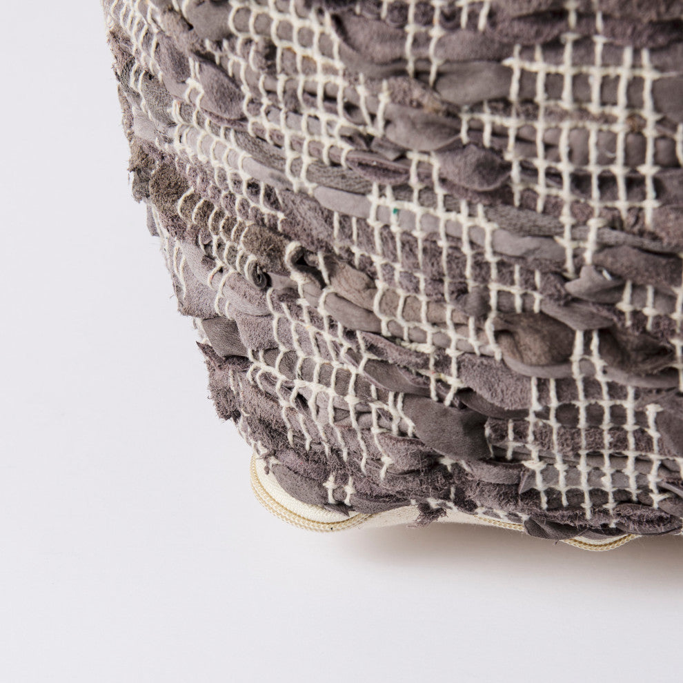 Falguni 16Lx16Wx16H Gray Leather and Cotton Patterned Pouf