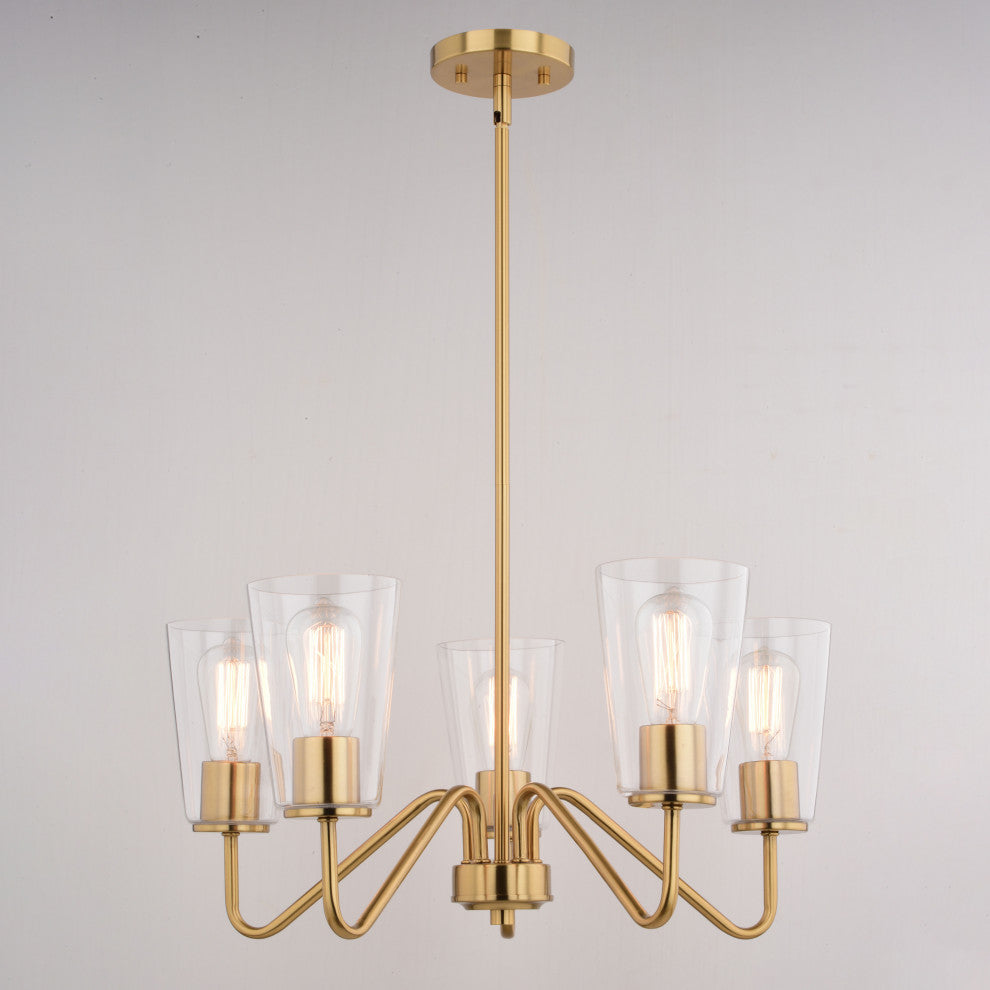 Beverly 5 Light Gold Muted Brass Chandelier Fixture Clear Glass Shade