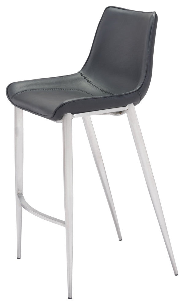 Bar Stool Chair Barstool, Set of 2, Faux Vinyl Leather, Steel, Black, Silver