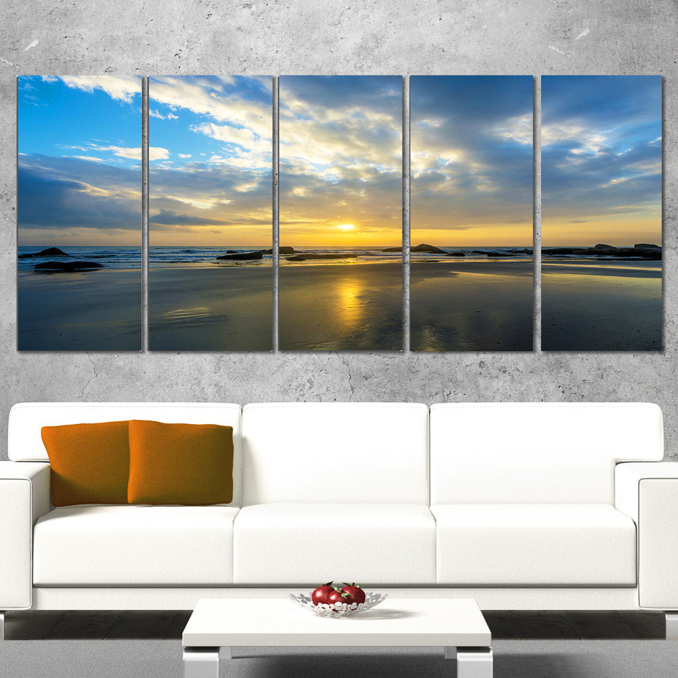 Beautiful Sunrise and Seashore, Seashore Canvas Wall Art, 60"x28", 5 Panels