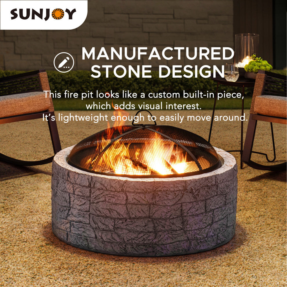 Sunjoy Stone 26" Round Wood Burning Firepit for Outside, Stone Gray
