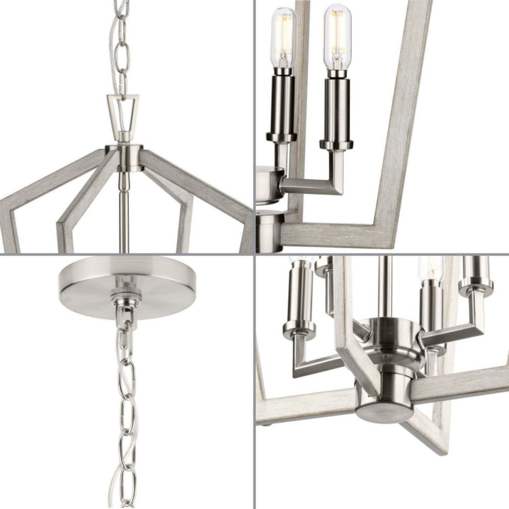 Galloway 4-Light 18" Brushed Nickel Foyer Light With Grey Washed Oak Accents