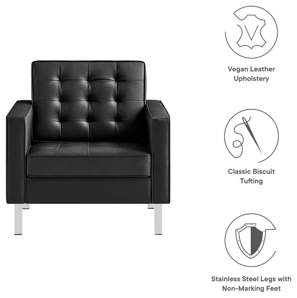 Modern Lounge Accent Side Chair Armchair, Faux Vinyl Leather, Black Silver, Black