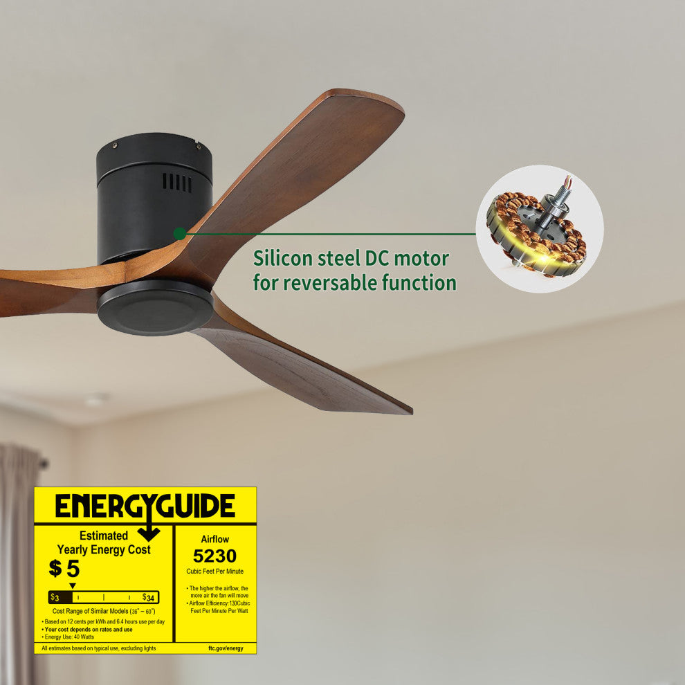 52" Solid Wood Ceiling Fan and Remote Control Reversible Blades, Matte Blck