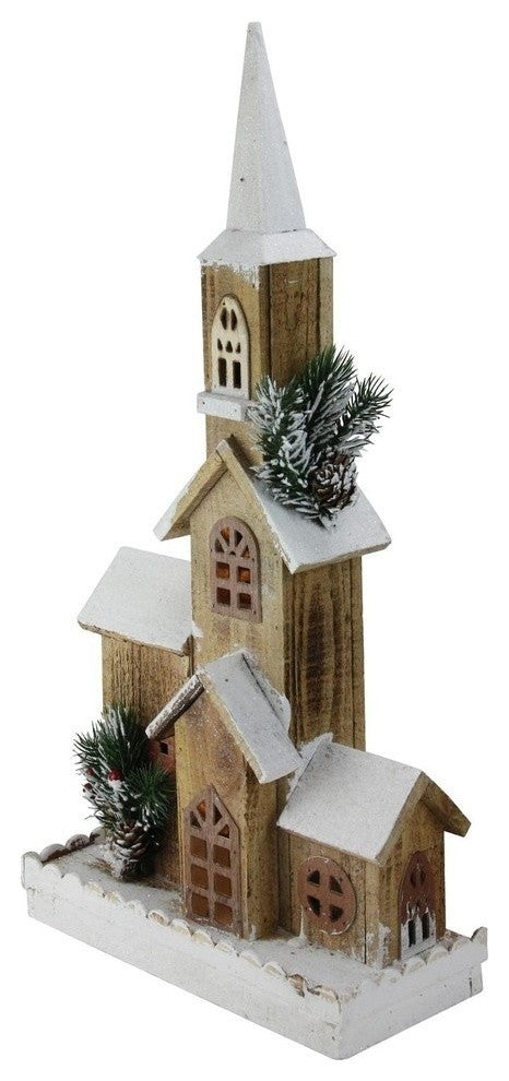 21.25" LED Lighted Brown Wooden Snowy Church Christmas Decoration