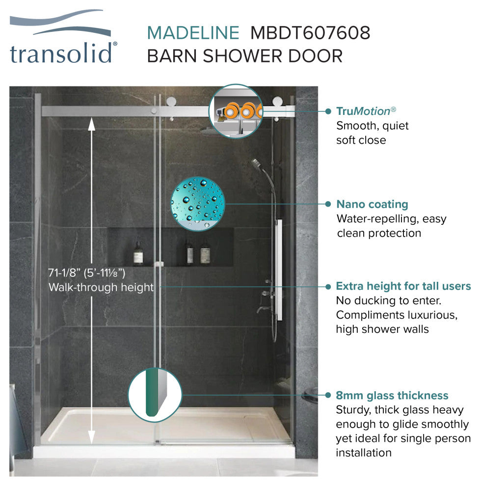 Transolid Madeline 60"x76" Frameless Shower Door with Fixed Panel in Matte Black