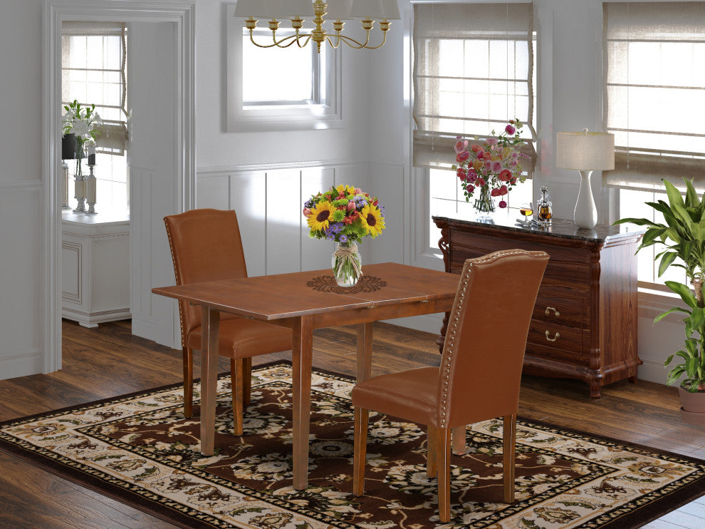3Pc 48/60" Dinette Table, 2 Chair, Brown Flaux Leather