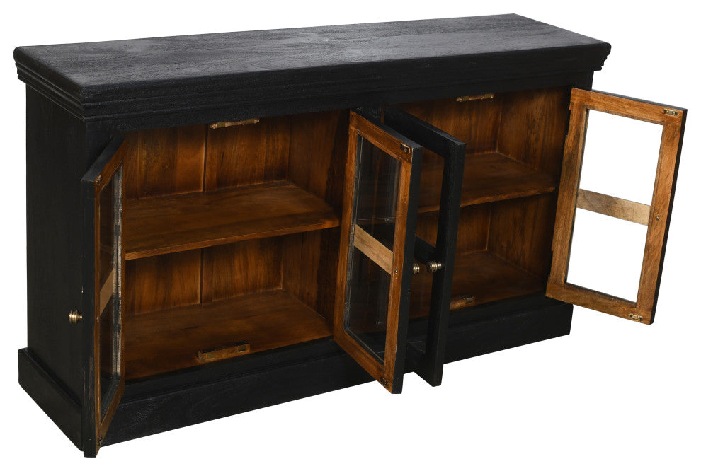 Peachtree 4-Door Mango Solid Wood Glass Sideboard in Charcoal Finish