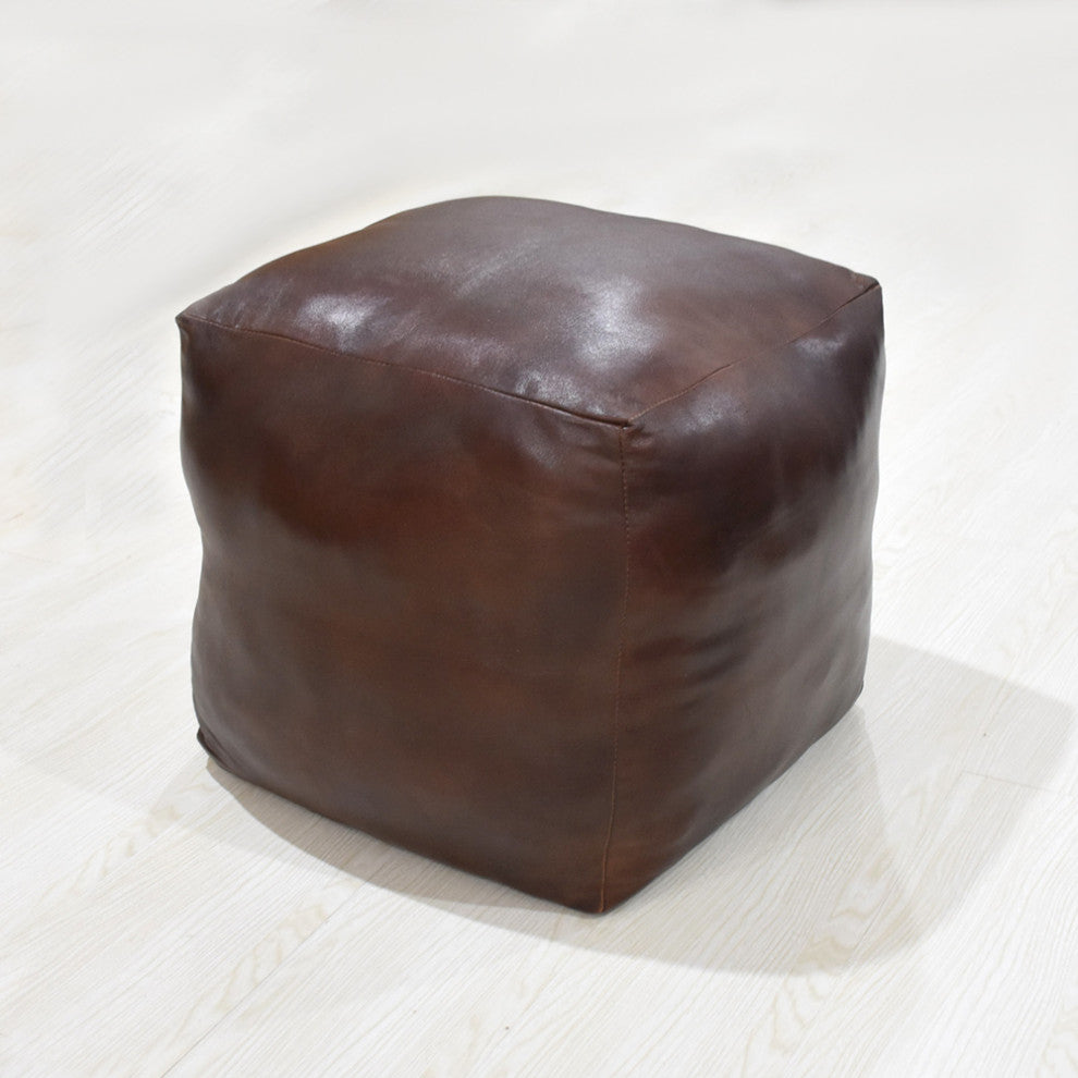 Poufs-Solid Goat Leather Pouf, Handmade (Recycled Cotton Fill), (Square]14x14x14