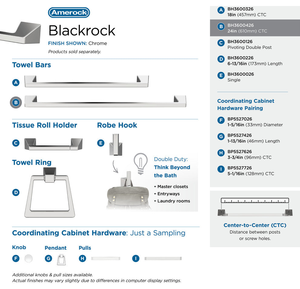 Amerock Blackrock Contemporary Towel Bar, Chrome, 24" Center-to-Center