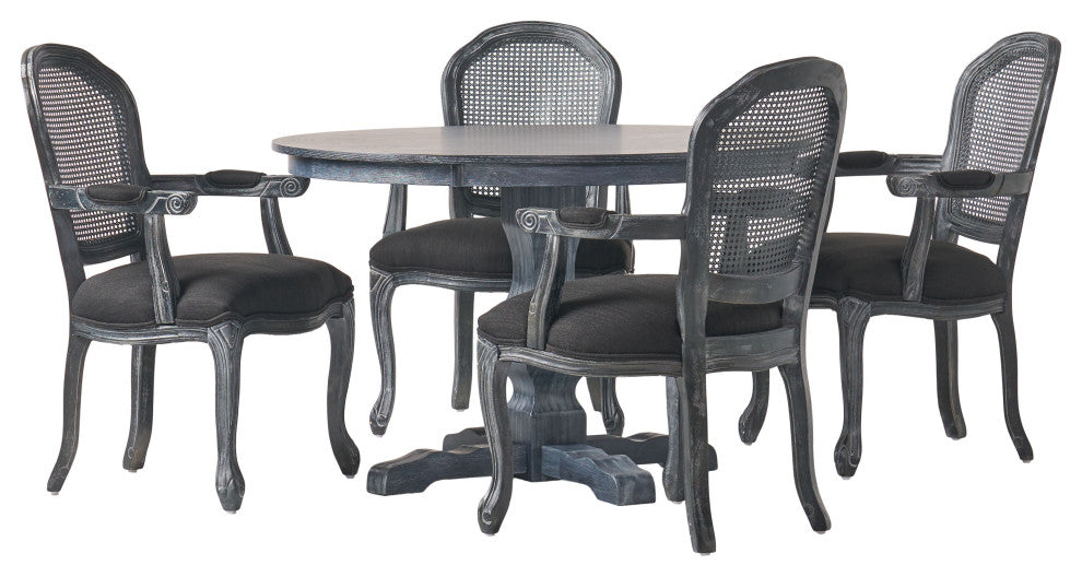 Ardyce French Country Fabric Upholstered Wood and Cane 5-Piece Dining Set, Gray/Black
