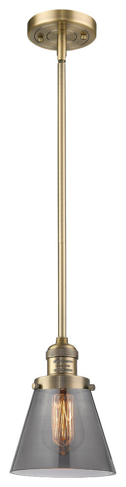 Small Cone 1-Light LED Pendant, Brushed Brass, Glass: Smoked