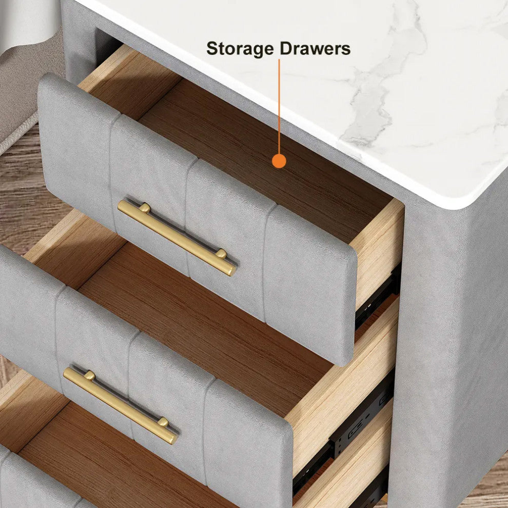 Modern Nightstand Gray Velvet Upholstered Bedside Table 3 Drawers With Stone Top