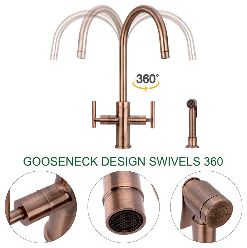 Akicon™ Two-Handle Copper Widespread Kitchen Faucet With Side Sprayer, Antique Copper