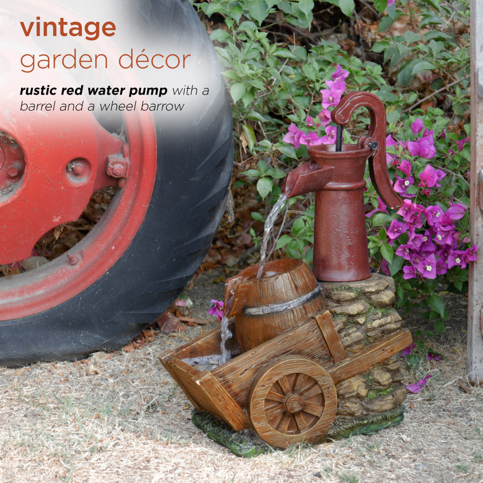 24" Vintage Red Water Pump with Wheelbarrow Fountain- Small