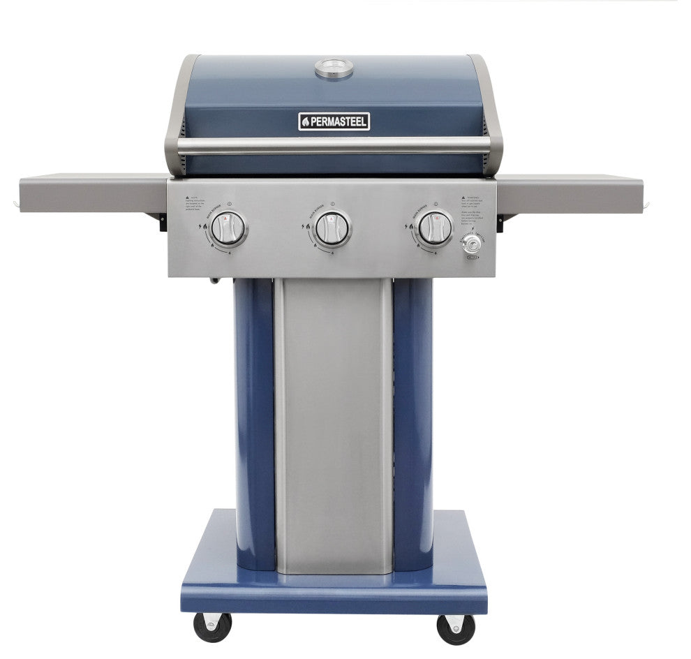 Permasteel 3 Burner Propane Gas Grill with Folding Side Shelves, Azure