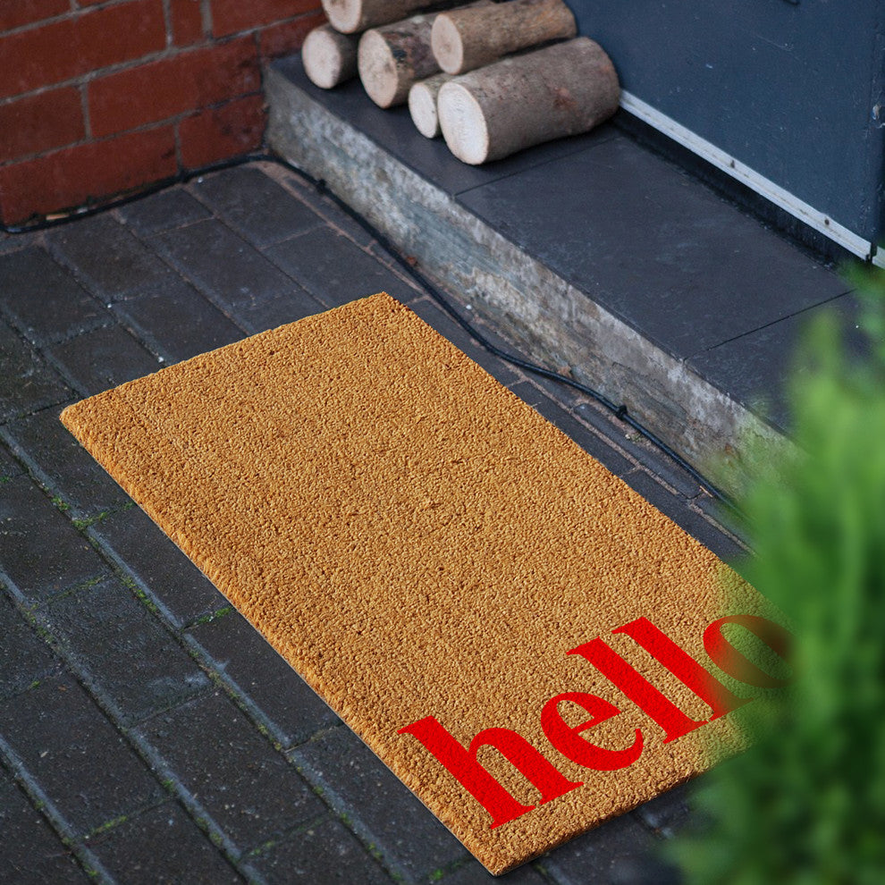 Vertical Hello Doormat, Natural/Red, 24"x36"