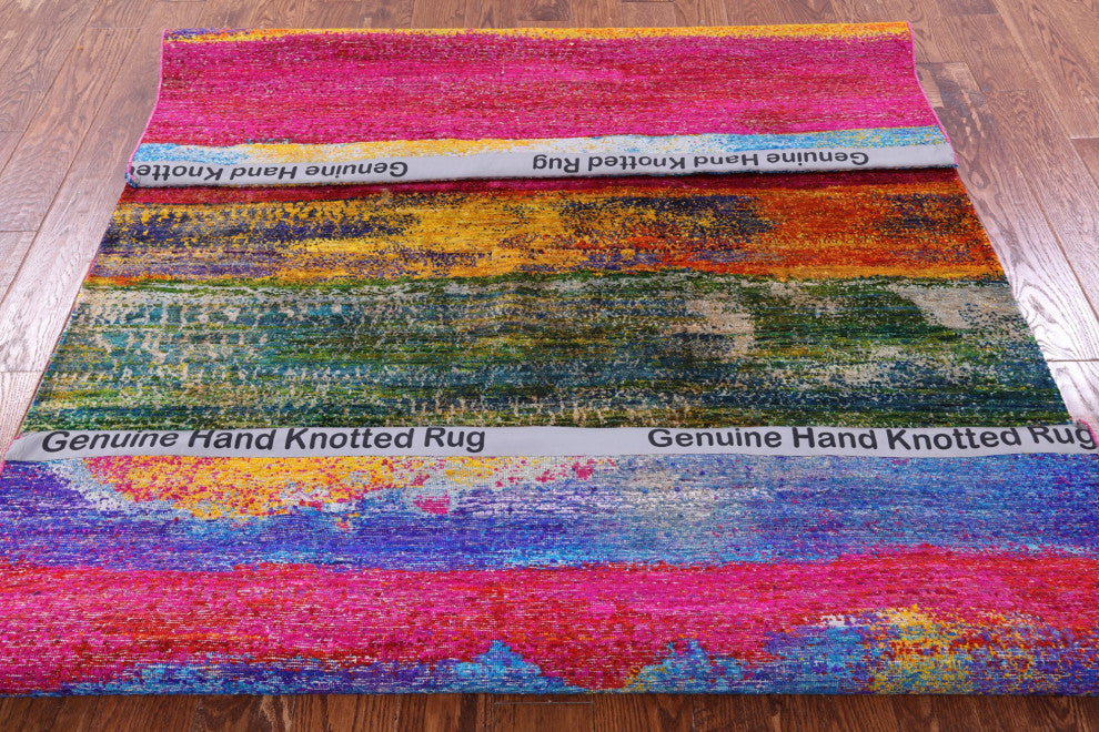 Abstract Hand-Knotted Silk Rug 5' 5" X 8' 2" - Q13093