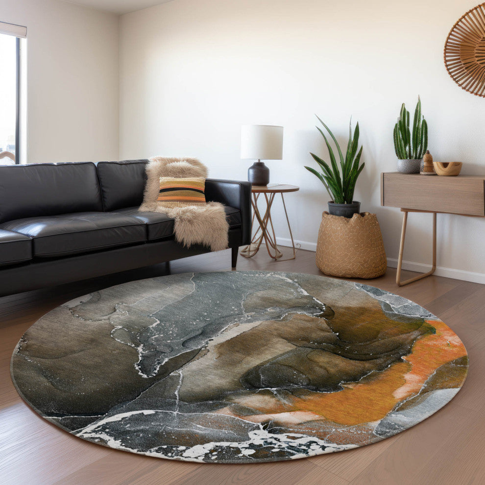 Premium Machine Washable Mayfield AMF503 Orange 8' x 8' Round Rug