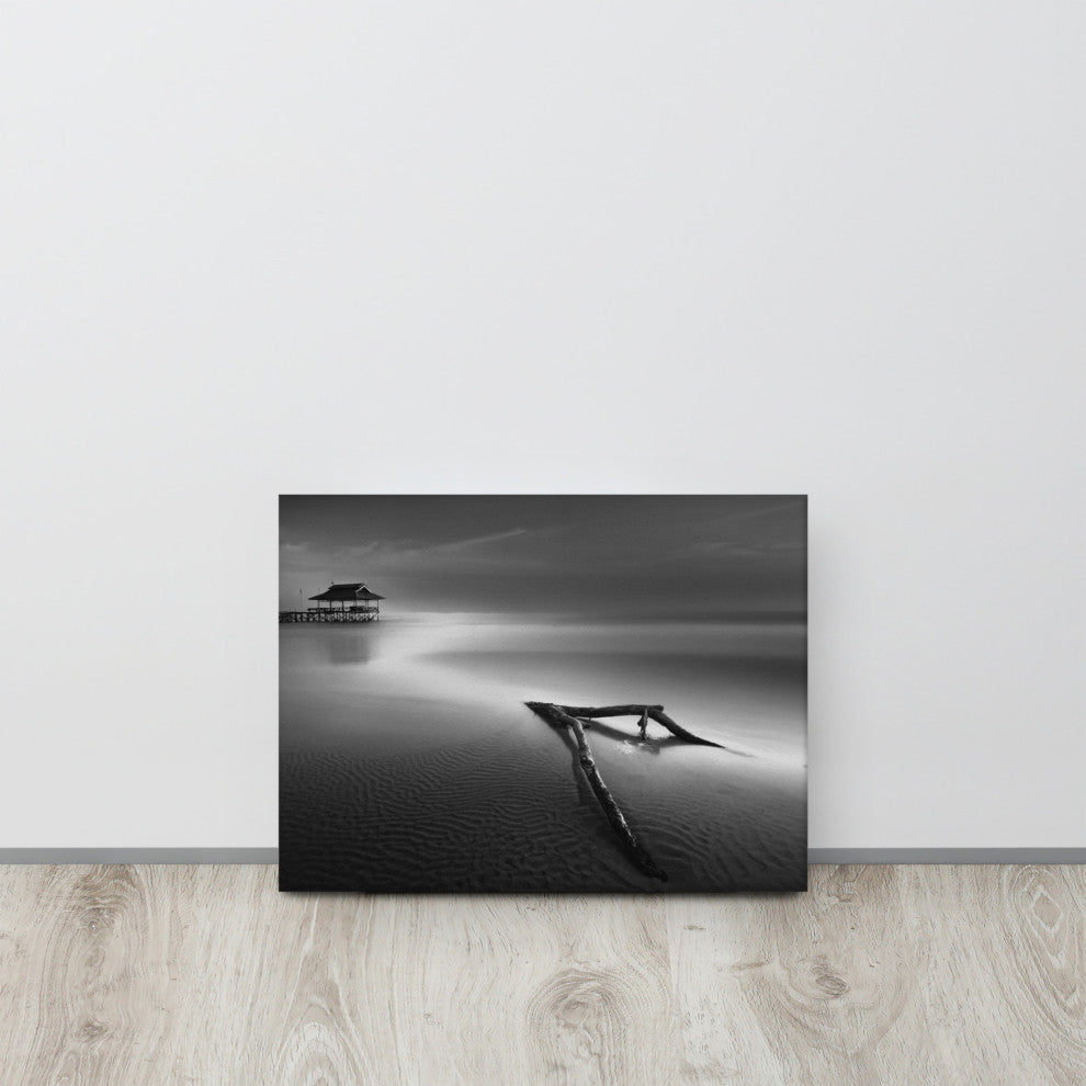 Dramatic Beach Driftwood Black & White Coastal Landscape Photo CanvasArt Print, 12" X 16"