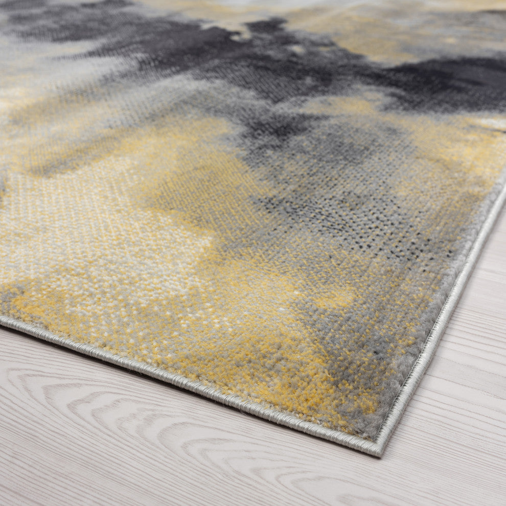 Murrow Contemporary Abstract Yellow/Cream Runner Rug, 2''3''''x7''3''''