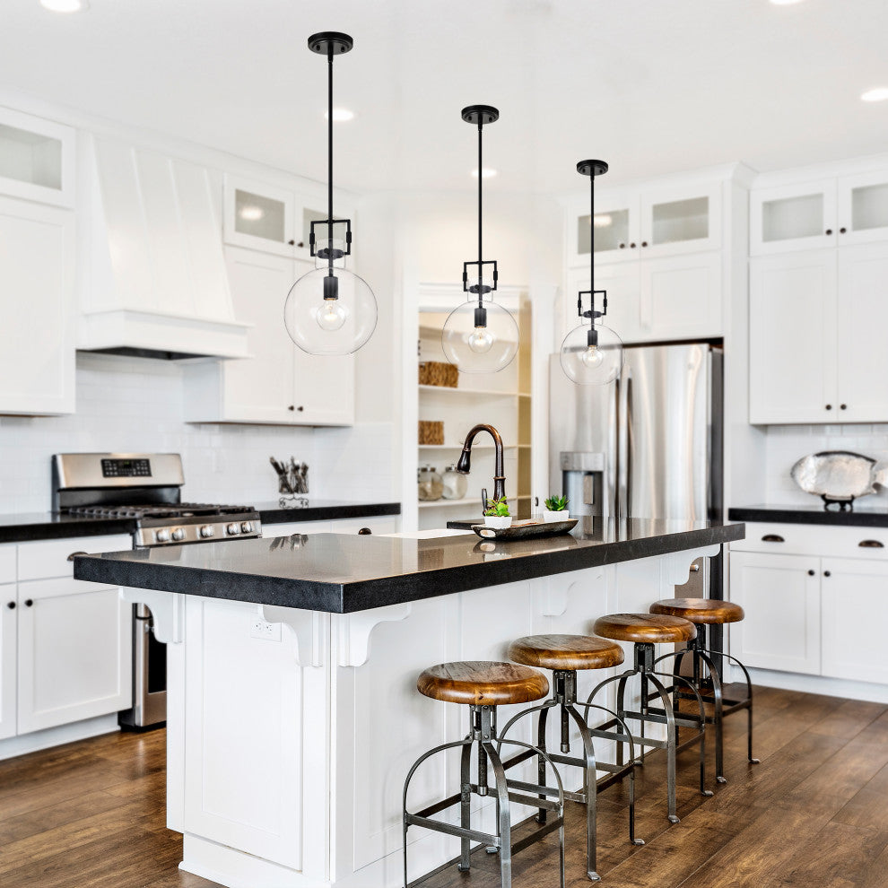 1-Light 10 in. Matte Black Pendant With Globe Shaped Clear Glass Shade