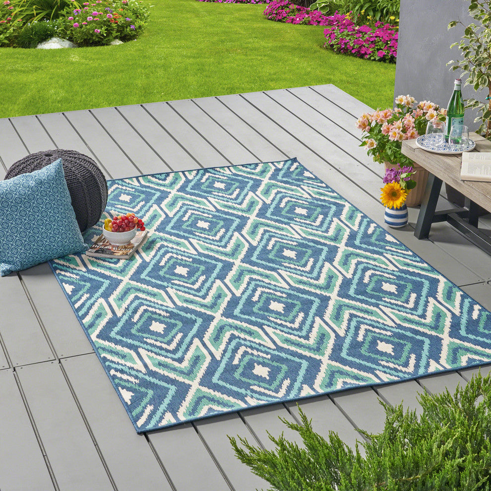 GDF Studio Heather Outdoor Geometric  Area Rug, Navy and Green, 5'x8'