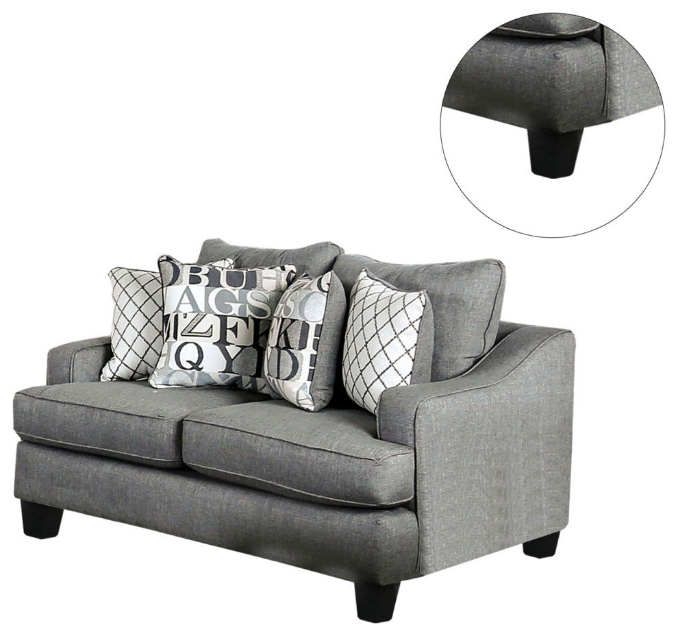 Linen-Like Fabric Loveseat with T-Cushion Seats Design, Bluish Gray