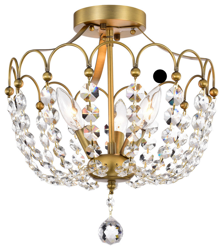 3-Light Vintage Brass Semi Flush Mount With Crystals