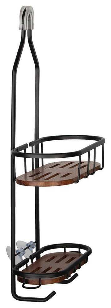 Utopia Alley Tia Rustproof Over the Shower Caddy, Teak Shelves, Matte Black