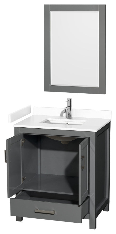 30"SGL Bathroom Vanity Dark Gray, White Cult. Marble Countertop, Sink, 24"Mirror
