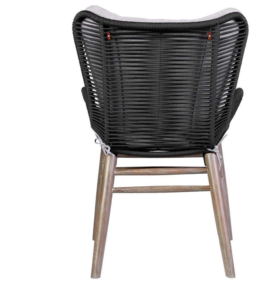 Fanny Outdoor Patio Dining Chair, Light Eucalyptus Wood and Charcoal Rope