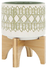 Ceramic 2-Piece Set, 5" and 8" Aztec Planter On Wooden Stand, Olive