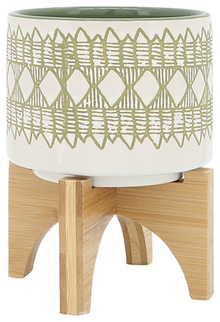 Ceramic 2-Piece Set, 5" and 8" Aztec Planter On Wooden Stand, Olive