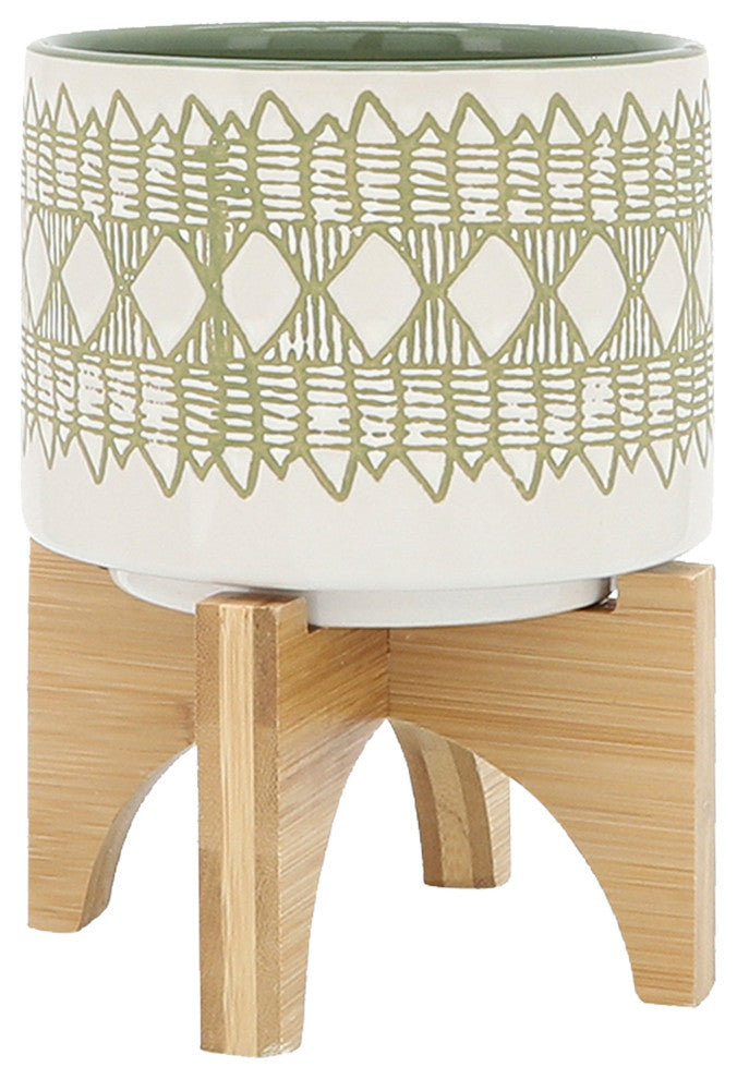 Ceramic 2-Piece Set, 5" and 8" Aztec Planter On Wooden Stand, Olive