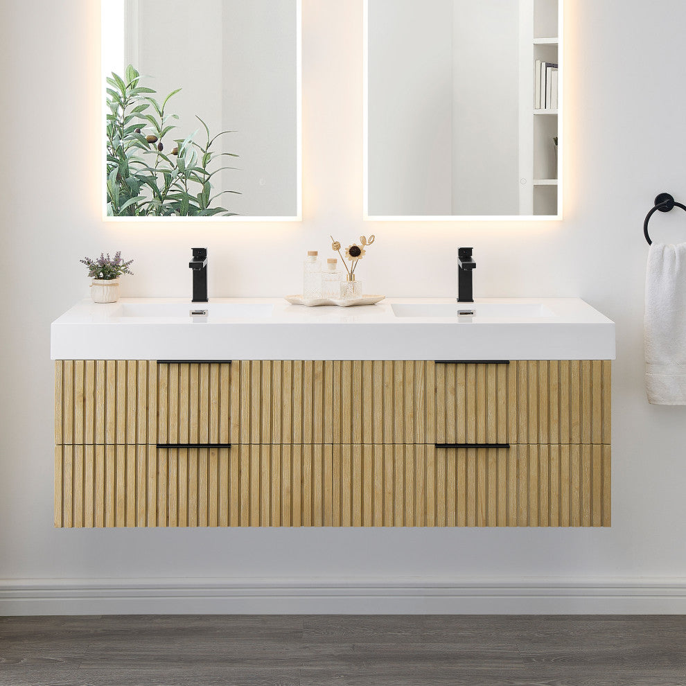 Livia Wall-mounted Bathroom Vanity, Nature Brown, 60inch, No Mirror