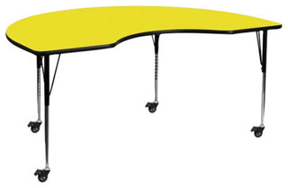 Mobile 48''W x 96''L Kidney Yellow HP Laminate Activity Table-Adjustable Legs