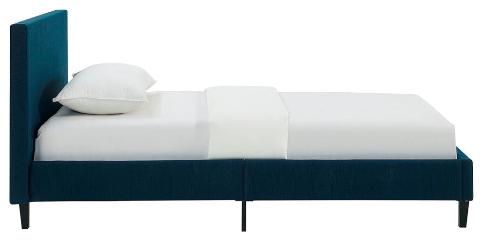 Modern Contemporary Urban Twin Size Platform Bed Frame, Navy Blue, Fabric Wood