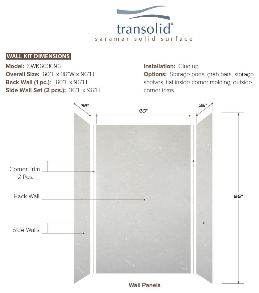 Transolid SaraMar 60"x36"x96" 3-Piece Shower Wall Kit, Lunar Velvet