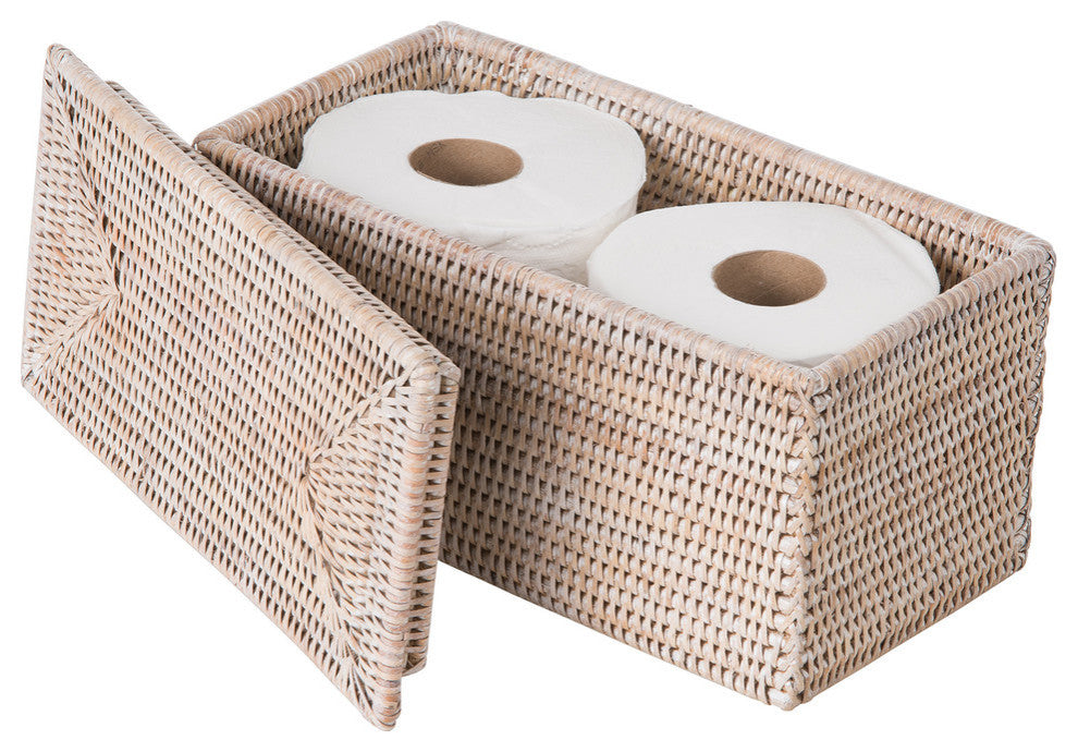 La Jolla Rectangular Rattan Storage and Toilet Roll Box, White Wash