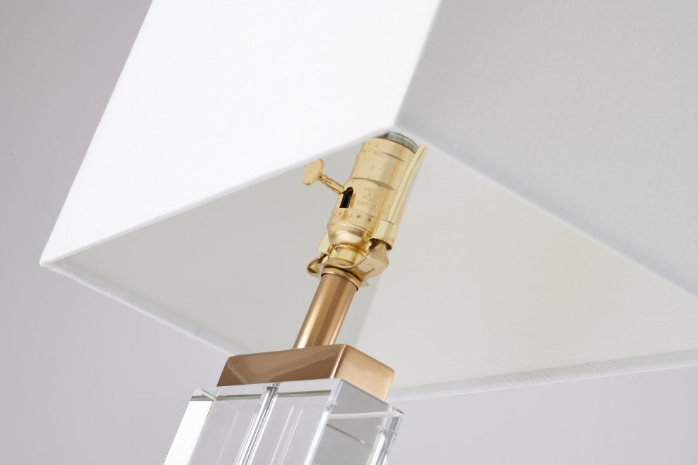Clear Crystal Column With Gold Metal Frame and White Shade Table Lamp