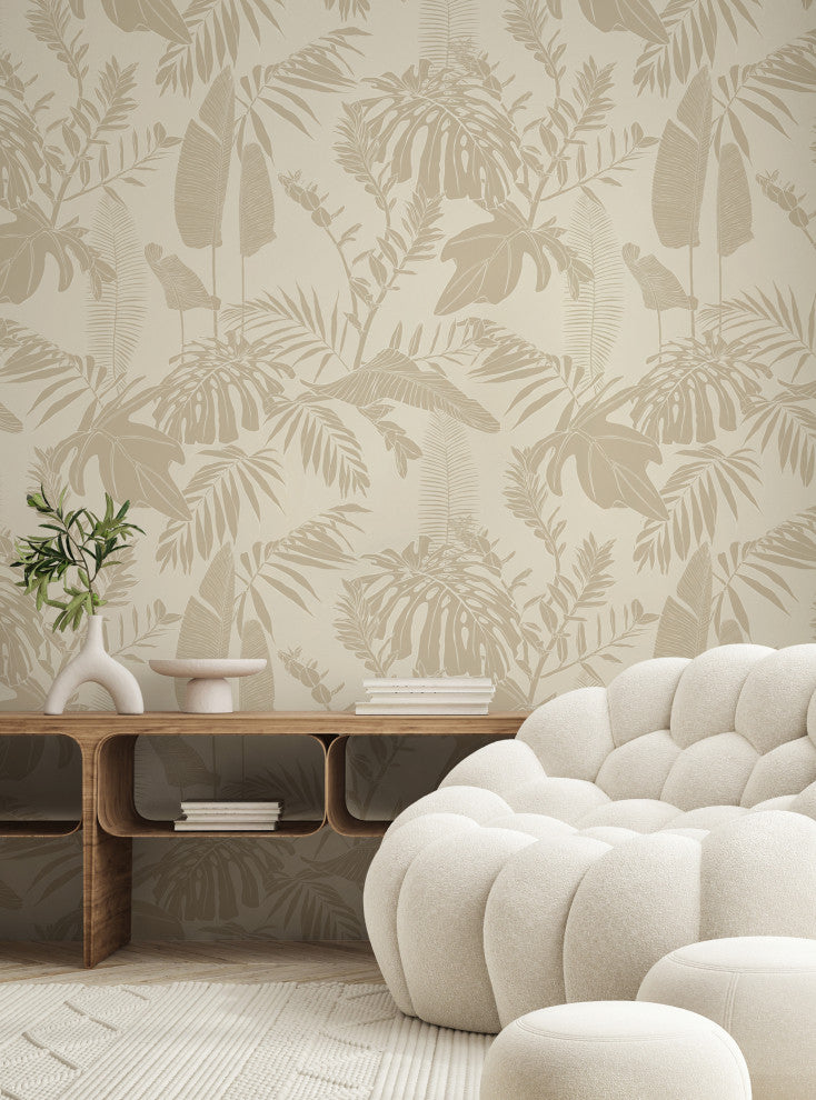 Hand Drawn Jungle Leaves Vinyl Peel and Stick Mural, Beige, 24"x96", Single